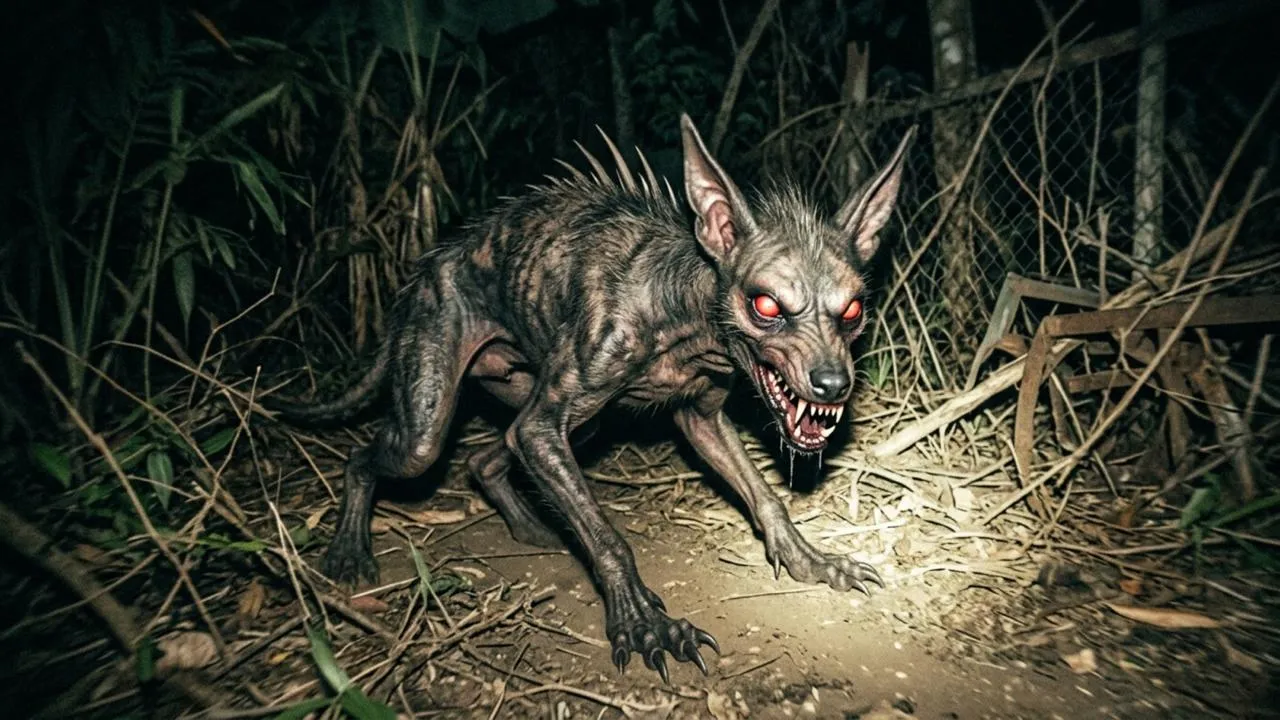 Imagem criada por IA com base no relato de testemunha em Craíbas, que descreveu o animal como tendo "estrutura de cachorro", garras incomuns e aparência "parecida com lobisomem".