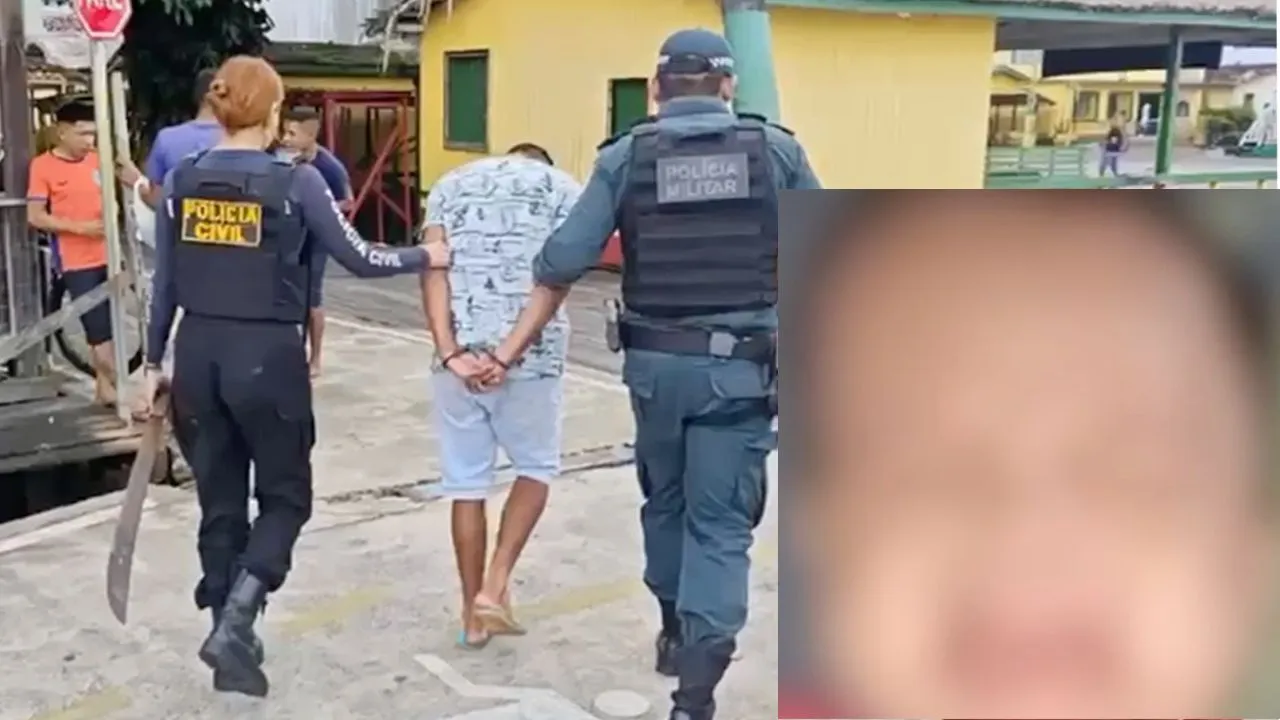 O homem sendo conduzido junto com o terçado usado na morte do bebê