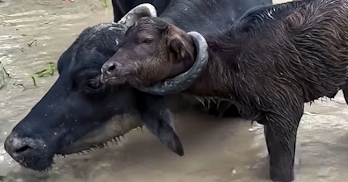 Filhote ficou perigosamente preso no chifre de um búfalo adulto e precisou de ajuda humana para ser salvo.
