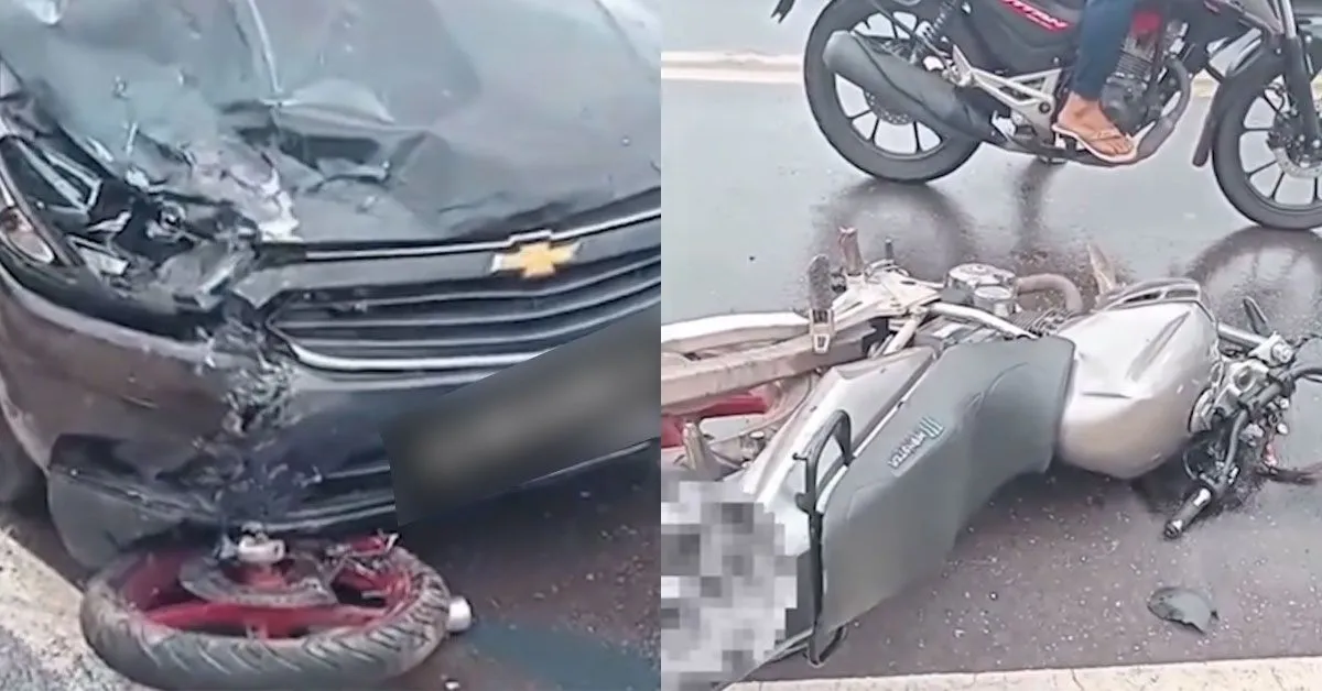 Motociclista perde o controle, colide frontalmente com carro e fica ferida na Ponte Pastor Firmino Gouveia, no distrito de Outeiro, na manhã desta segunda-feira (25)
