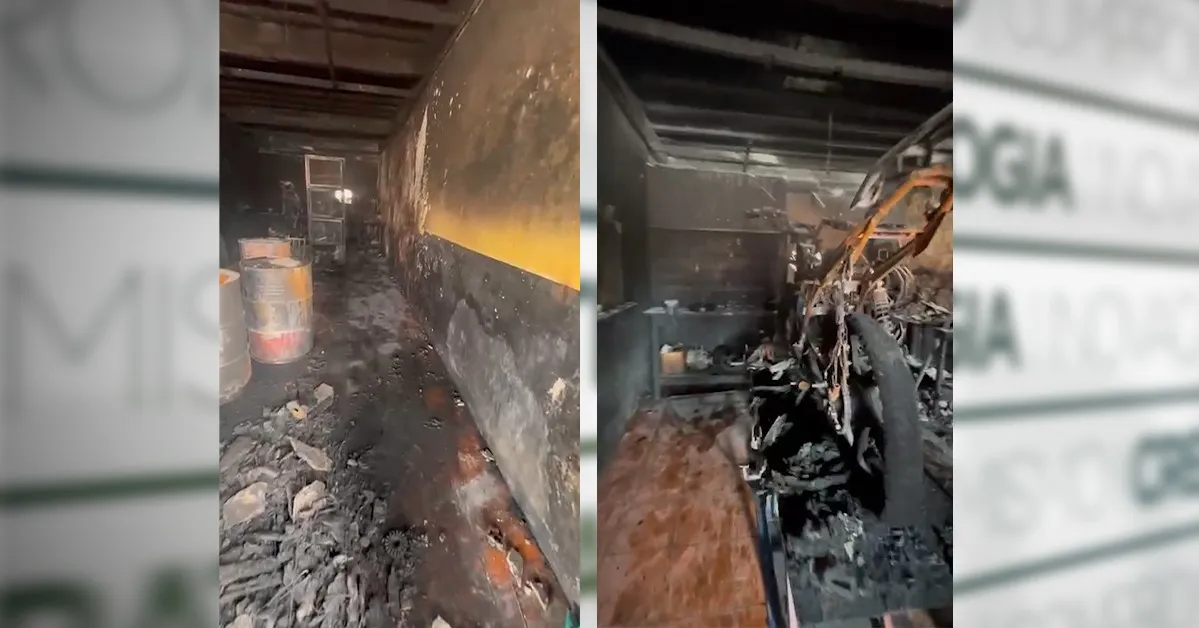 Equipes do Corpo de Bombeiros atuaram para controlar as chamas em oficina no bairro Águas Brancas, em Ananindeua