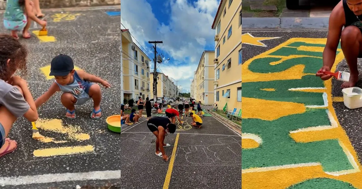 Mesmo com a redução das tradicionais ruas decoradas nas últimas Copas, a influenciadora Pamela Cruz viralizou ao mobilizar moradores para pintar uma via inteira em clima de Mundial.