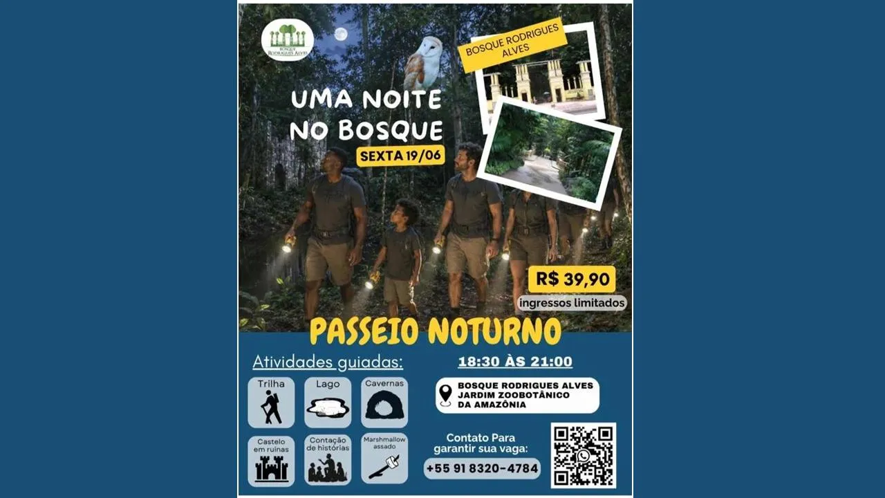 Passeio noturno permitirá que visitantes conheçam o Bosque Rodrigues Alves sob uma nova perspectiva, em meio à floresta amazônica