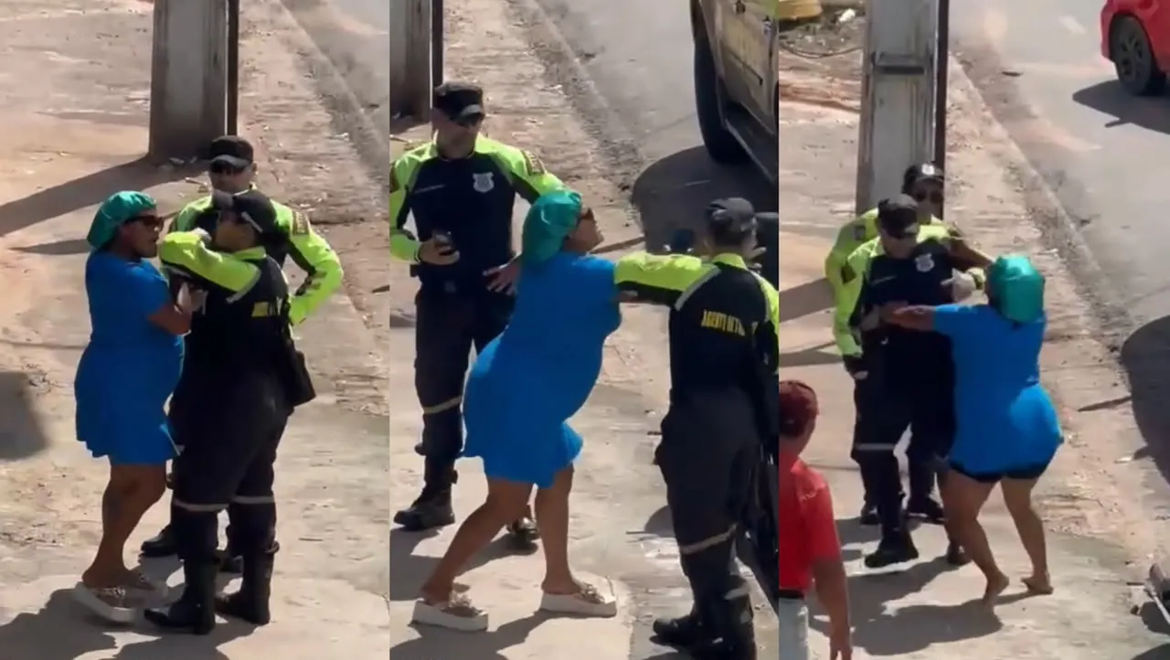 De touca, mulher agride agentes de trânsito no interior do Pará.