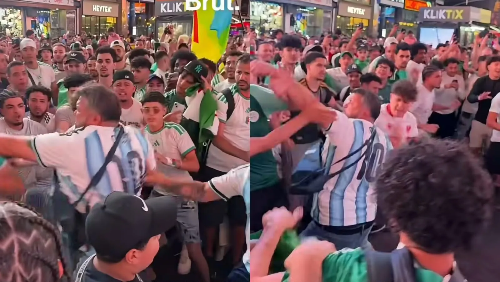 Torcedores da Argentina e Argélia se confrontam em Times Square, Nova York, horas antes do jogo da Copa do Mundo.