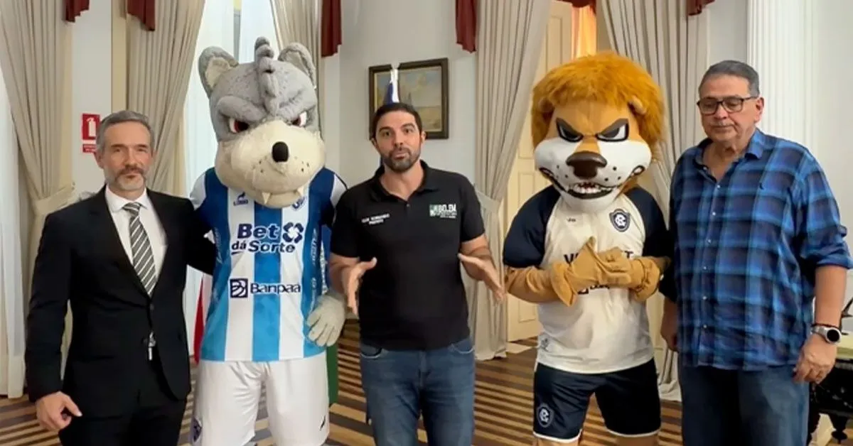 Igor Normando anuncia a Escolinha Re-Pa ao lado dos presidentes de Remo e Paysandu, em iniciativa que une esporte e inclusão social para crianças e jovens de Belém.