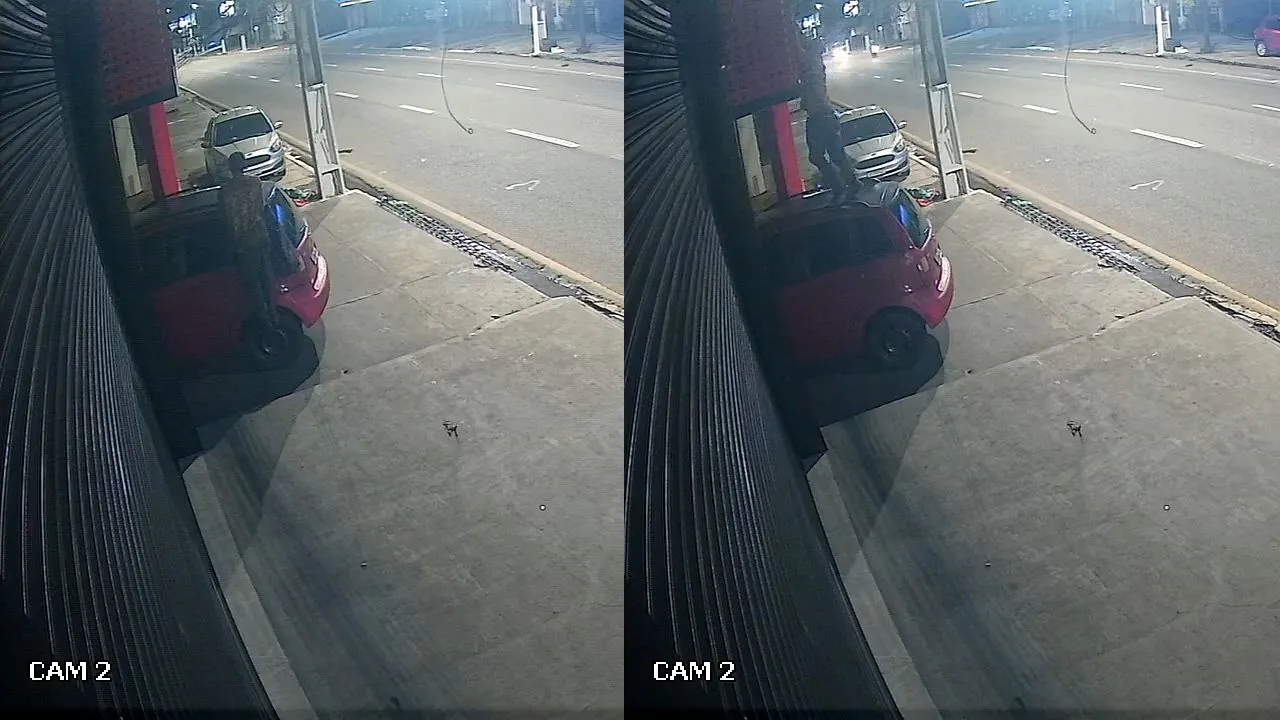 O suspeito aproveitou carro estacionado em carro para poder invadir a loja