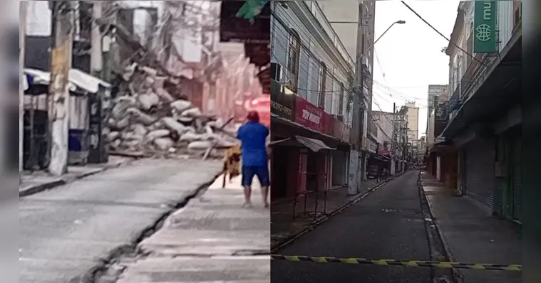Área foi isolada após o desabamento da fachada de um prédio histórico no centro comercial de Belém.
