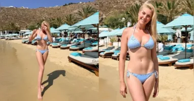 Ana Hickmann posa de biquíni durante viagem a Mykonos, na Grécia, ao lado do noivo, Edu Guedes.
