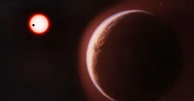 Ilustração do LHS 1140b orbitando sua estrela