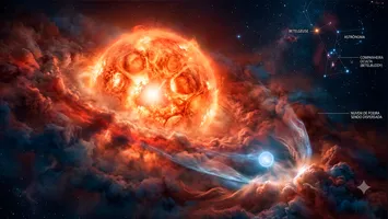 Ilustração artística retrata a supergigante vermelha Betelgeuse ao lado de sua estrela companheira oculta, responsável por dispersar a poeira cósmica ao seu redor.