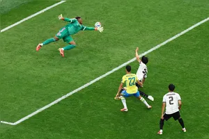 Soccer Football - FIFA World Cup 2026 - Round of 32 - Brazil v Japan - Houston Stadium, Houston, Texas, U.S. - June 29, 2026 Brazil's Gabriel Martinelli scores their second goal REUTERS/Pedro Nunes