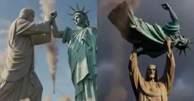 As imagens mostram uma luta simbólica entre os símbolos do Brasil e dos Estados Unidos.