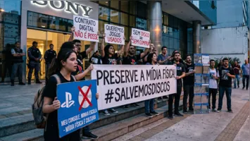Consumidor exibe coleção de discos do PlayStation 5; o fim do formato físico em 2028 ameaça o mercado de revenda e o hábito de colecionadores.