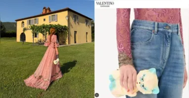 O look escolhido pela atriz foi peça da coleção primavera-verão da grife italiana Valentino de 2025.