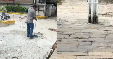 À esquerda, as pedras portuguesas formam a calçada e à direita, o logradouro destruído