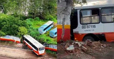 Condutor do ônibus perdeu controle do veículo e destruiu muro de empresa