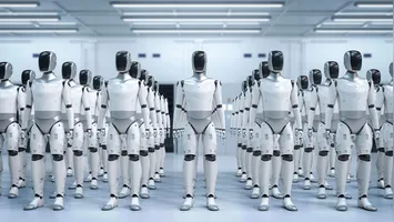 Robô humanoide realiza testes de manipulação de peças em linha de montagem ao lado de operários.
