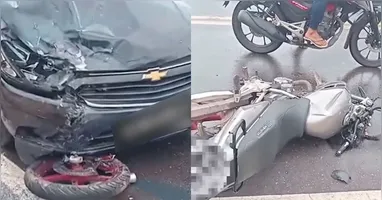 Motociclista perde o controle, colide frontalmente com carro e fica ferida na Ponte Pastor Firmino Gouveia, no distrito de Outeiro, na manhã desta segunda-feira (25)