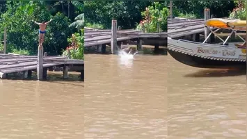 O homem faz mergulho no rio, mas acaba sendo atropelado pela lancha