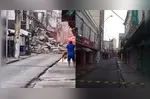 Área foi isolada após o desabamento da fachada de um prédio histórico no centro comercial de Belém.