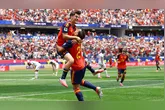 Soccer Football - FIFA World Cup 2026 - Round of 32 - Spain v Austria - Los Angeles Stadium, Inglewood, California, U.S. - July 2, 2026 Spain's Mikel Oyarzabal celebrates scoring their third goal with Gavi REUTERS/Lisi Niesner