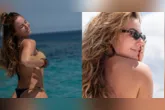 Nas fotos, ela aparece relaxada sobre um barco, com a costa italiana ao fundo.
