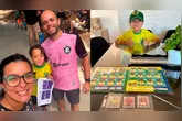 Adriana Pereira, Breno Freitas e o filho Pedro Freitas celebram a conclusão do Álbum da Copa do Mundo de 2026.