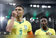 Contra o Japão, Casemiro comemorou da mesma forma que no amistoso (na foto) contra o Panamá, em 2 de junho, no Maracanã.