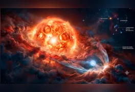Ilustração artística retrata a supergigante vermelha Betelgeuse ao lado de sua estrela companheira oculta, responsável por dispersar a poeira cósmica ao seu redor.