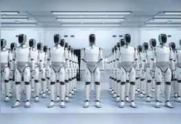 Robô humanoide realiza testes de manipulação de peças em linha de montagem ao lado de operários.