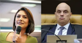 Alexandre de Moraes e Michelle Bolsonaro se cumprimentam durante posse de Nunes Marques no TSE