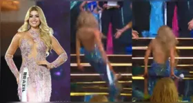 Joana Camargo cai no palco ao ser anunciada no Top 5 do Miss Eco International 2026, no Egito, mas se levanta e segue na competição.