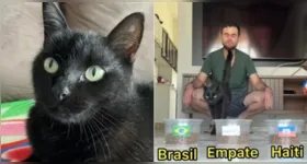 Milu observou o pote do empate, mas acabou escolhendo a opção que indicava vitória da Seleção Brasileira antes da partida contra o Marrocos.