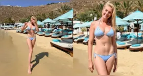 Ana Hickmann posa de biquíni durante viagem a Mykonos, na Grécia, ao lado do noivo, Edu Guedes.