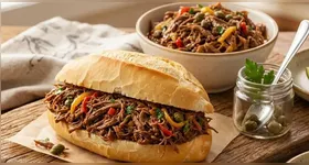 Carne Louca na panela de pressão é perfeita para um lanche em um pão francês.
