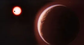 Ilustração do LHS 1140b orbitando sua estrela