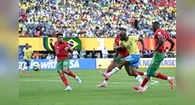 Soccer Football - FIFA World Cup 2026 - Group C - Brazil v Morocco - New York/New Jersey Stadium, East Rutherford, New Jersey, U.S. - June 13, 2026 Brazil's Igor Thiago shoots at goal under pressure from Morocco's Chadi Riad, Neil El Aynaoui and Issa Diop REUTERS/Dylan Martinez