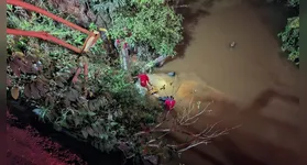 Carro caiu em riacho após ser fechado por caminhão; motorista morreu afogado e passageiro sobreviveu.