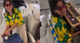 No registro, ela usava uma camiseta especial do Brasil e improvisou um rap bem-humorado sobre sua trajetória.