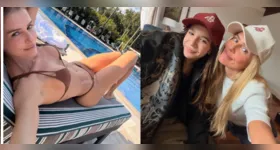 Deborah aparece aproveitando a piscina e renovando o bronzeado.