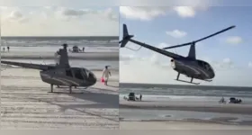 Helicóptero pousa na praia do Farol Velho em Salinópolis