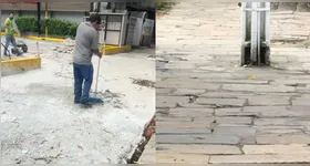 À esquerda, as pedras portuguesas formam a calçada e à direita, o logradouro destruído