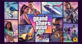 Arte oficial destaca os protagonistas Lucia e Jason em meio ao caos tropical de Vice City.