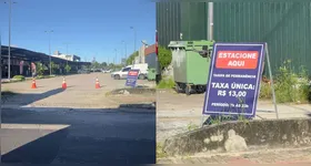 Área na travessa Quintino Bocaiúva é delimitada por cones e placa indica cobrança de R$ 13 em suposto estacionamento irregular.