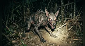 Imagem criada por IA com base no relato de testemunha em Craíbas, que descreveu o animal como tendo "estrutura de cachorro", garras incomuns e aparência "parecida com lobisomem".