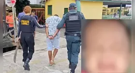O homem sendo conduzido junto com o terçado usado na morte do bebê