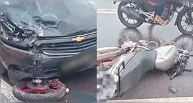 Motociclista perde o controle, colide frontalmente com carro e fica ferida na Ponte Pastor Firmino Gouveia, no distrito de Outeiro, na manhã desta segunda-feira (25)