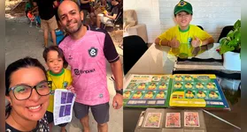 Adriana Pereira, Breno Freitas e o filho Pedro Freitas celebram a conclusão do Álbum da Copa do Mundo de 2026.