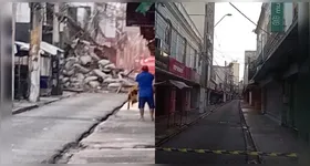 Área foi isolada após o desabamento da fachada de um prédio histórico no centro comercial de Belém.